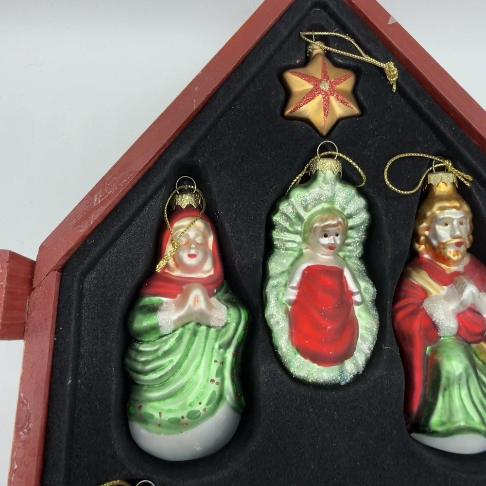 Mikasa Nativity Handblown Christmas Ornaments In Wooden Box Holiday Glass Vintag
